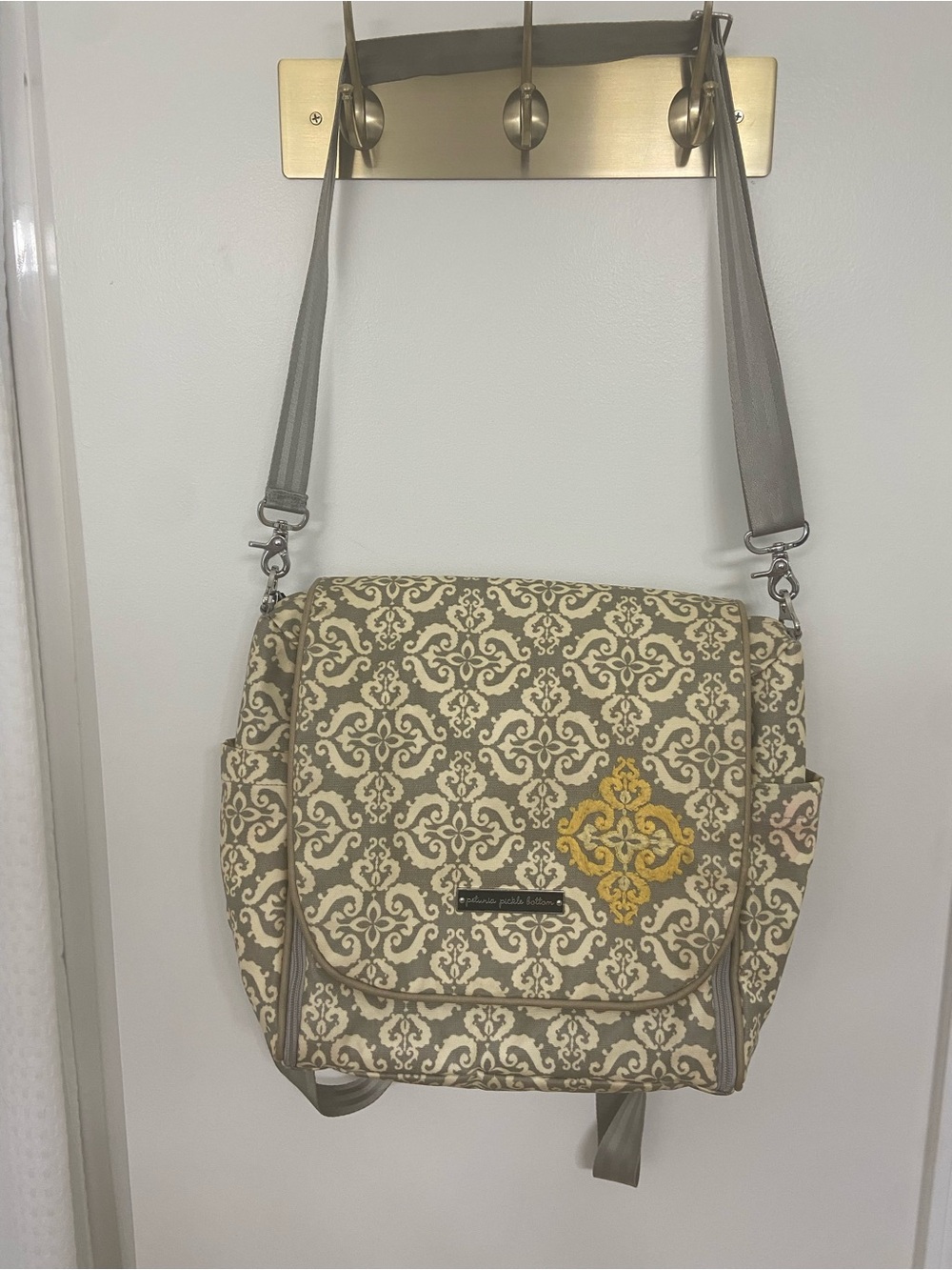 Petunia Pickle Bottom Gray & Cream Patterned Crossbody with Yellow Accent